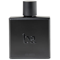 A matte black rectangular perfume bottle with a matching cylindrical cap, featuring the embossed lowercase 'ba' logo and the word 'ATLANTIS' near the bottom, set against a plain white background.
