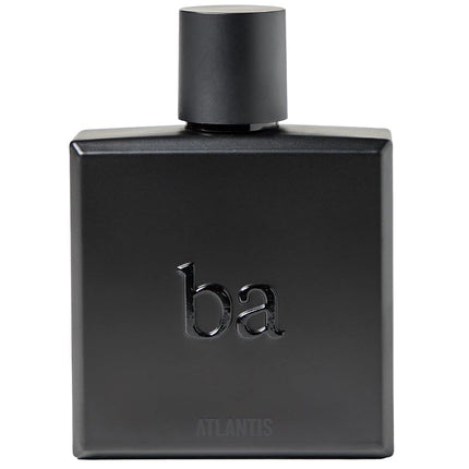 A matte black rectangular perfume bottle with a matching cylindrical cap, featuring the embossed lowercase 'ba' logo and the word 'ATLANTIS' near the bottom, set against a plain white background.