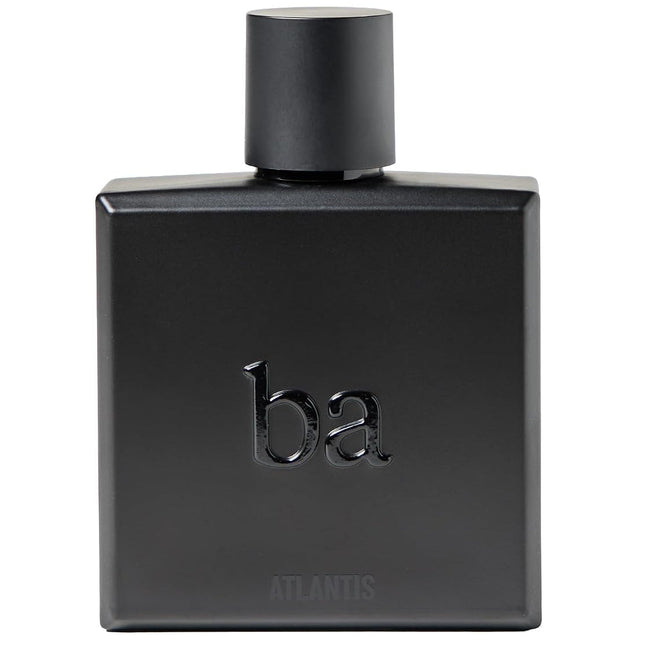 A matte black rectangular perfume bottle with a matching cylindrical cap, featuring the embossed lowercase 'ba' logo and the word 'ATLANTIS' near the bottom, set against a plain white background.