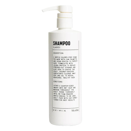 A white pump bottle of Classico Gentle Shampoo with black text detailing the product description and instructions, set against a plain white background.