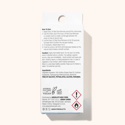 Back of a nail care product packaging with text and icons on a white background