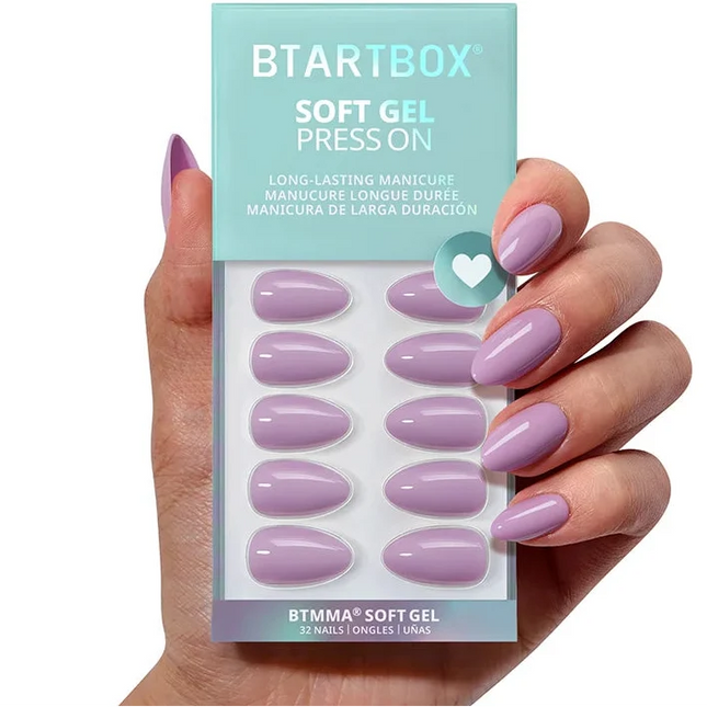 BTArtboxnails Orchid Dew Secret Forest collection box featuring 32 short almond soft gel press on nails in a translucent pink-purple syrup gel finish.