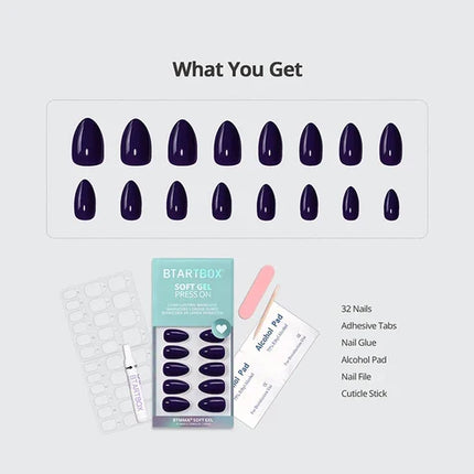 BTArtboxnails DIY nail kit including 30 black soft gel tips, nail glue, adhesive jelly tabs, mini buffer, and cuticle stick for a 14-day manicure.