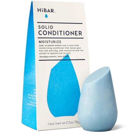 Solid conditioner bar and packaging with 'HiBAR' branding on a white background