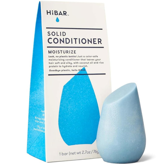 Solid conditioner bar and packaging with 'HiBAR' branding on a white background