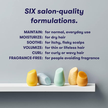 Five colorful hair care products on a white surface with text describing their uses.