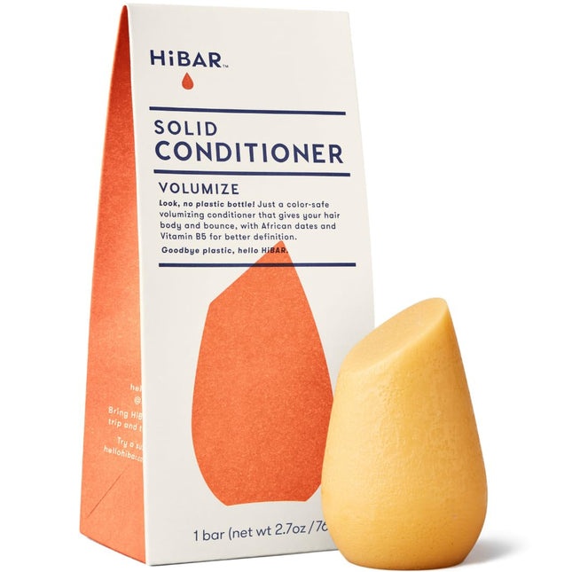 Solid conditioner bar with packaging labeled 'HiBar' on a white background