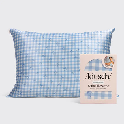 kitsch Satin Pillowcase in Gingham Blue - Standard