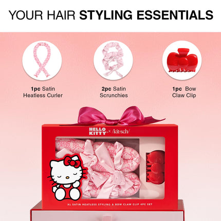 kitsch Hello Kitty x Kitsch XL Satin Heatless Styling & Bow Claw Clip 4pc Set