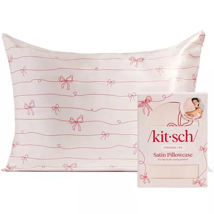 kitsch Holiday Satin Pillowcase in Striped Bows