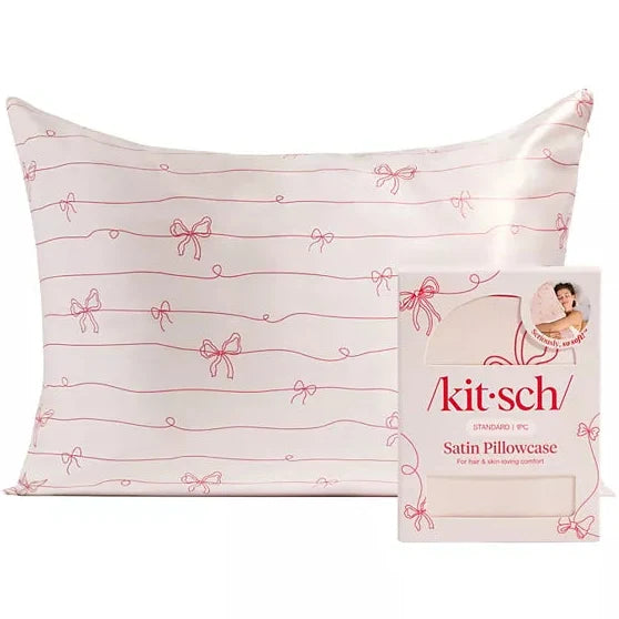 kitsch Holiday Satin Pillowcase in Striped Bows