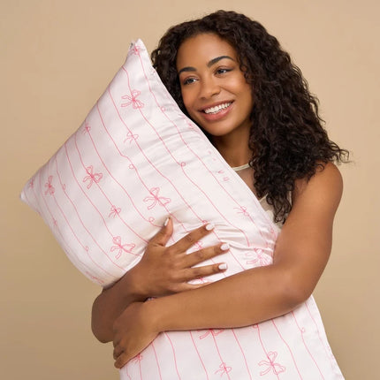 kitsch Holiday Satin Pillowcase in Striped Bows - King