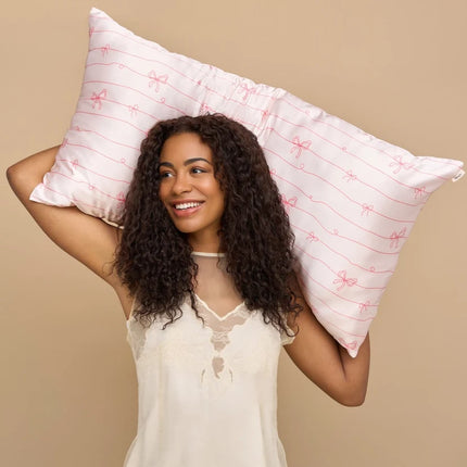kitsch Holiday Satin Pillowcase in Striped Bows - King
