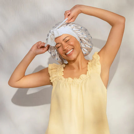 kitsch Pearlized Cream & Coastal Blue Print Oversized Satin Bonnet