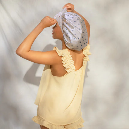 kitsch Pearlized Cream & Coastal Blue Print Oversized Satin Bonnet
