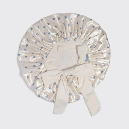 kitsch Pearlized Cream & Coastal Blue Print Oversized Satin Bonnet
