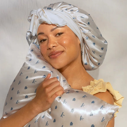 kitsch Pearlized Cream & Coastal Blue Print Oversized Satin Bonnet