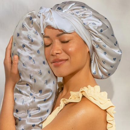 kitsch Pearlized Cream & Coastal Blue Print Oversized Satin Bonnet