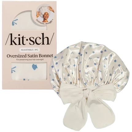 kitsch Pearlized Cream & Coastal Blue Print Oversized Satin Bonnet