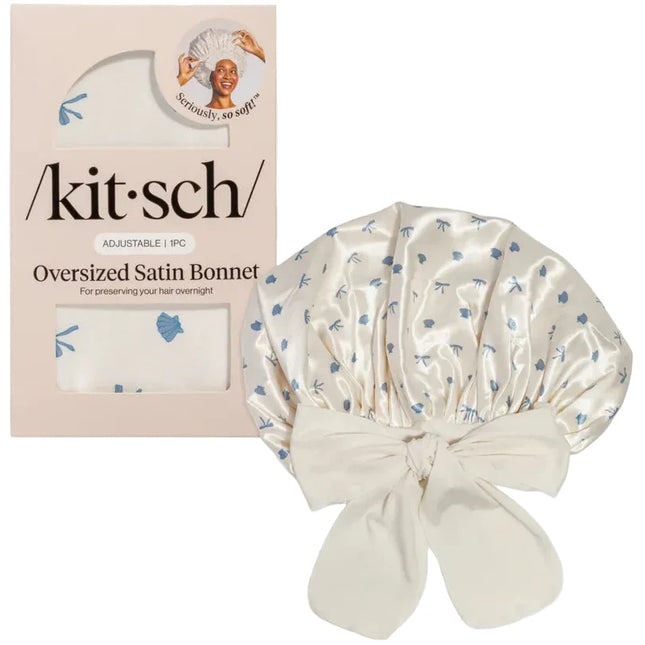 kitsch Pearlized Cream & Coastal Blue Print Oversized Satin Bonnet