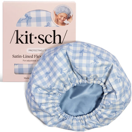 kitsch Gingham Blue Satin Lined Flexi Shower Cap