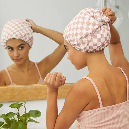kitsch-terracotta-checker-satin-shower-cap-3