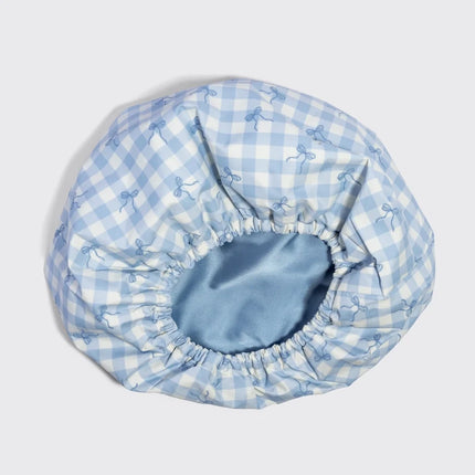 kitsch Gingham Blue Satin Lined Flexi Shower Cap
