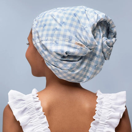kitsch Gingham Blue Satin Lined Flexi Shower Cap