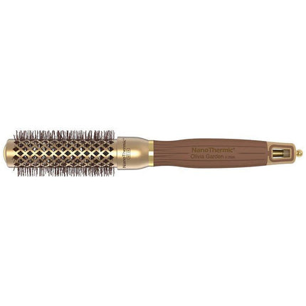 Close-up view of a round thermal hair brush with ceramic technology, featuring wavy heat-resistant bristles and a unique handle.